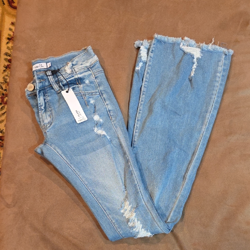 Rue21 Light Blue Distressed Low Rise Flare Jeans
